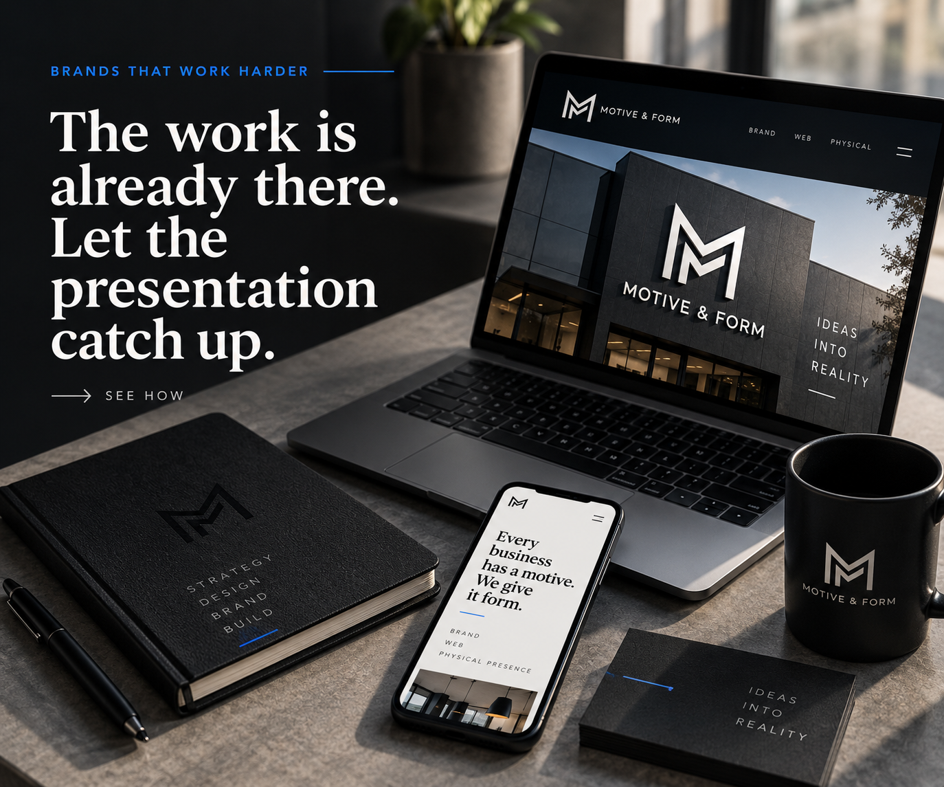 Motive & Form studio visual direction featuring branded collateral and physical applications